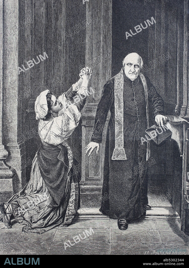 Woman and priest at the confessional  /  Frau und Priester am Beichtstuhl, Historisch, digital improved reproduction of an original from the 19th century / digitale Reproduktion einer Originalvorlage aus dem 19. Jahrhundert,.