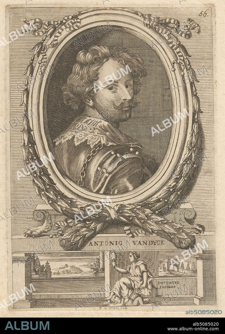 Antonio Vandyck, Print made by Francesco de Grado, (?), active 1693, Italian, after Sir Anthony Van Dyck, 15991641, Flemish, active in Britain (162021; 163234; 163541), ca. 1693, Etching, line engraving and stipple engraving on moderately thick, moderately textured, cream, laid paper, Sheet: 8 7/8 × 6 3/8 inches (22.5 × 16.2 cm), Plate: 7 15/16 × 5 7/16 inches (20.2 × 13.8 cm), and Image: 7 11/16 × 5 1/4 inches (19.5 × 13.3 cm), arches, artist, claws, collar, draughtsman (artist), frame (furnishing), lace, landscape, laurel, men, moustache, oval, painter, portrait, posing, trees, woman.