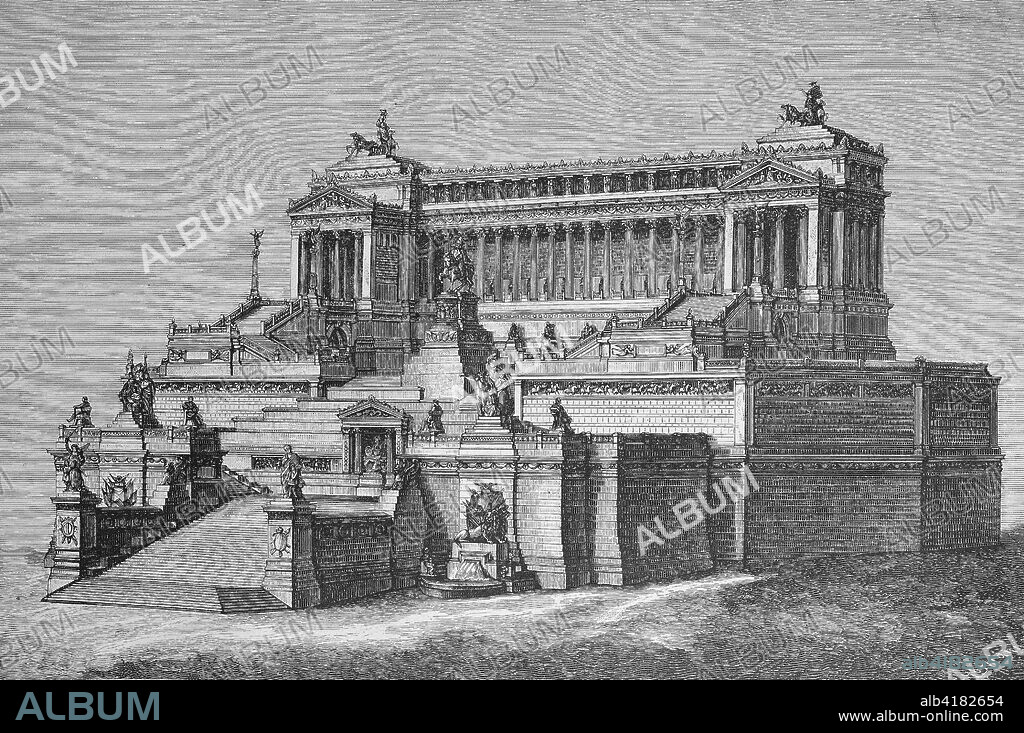 Architectural design for the national monument in honor of Koenig Viktor Emanuel, Rome, Italy, Architektenentwurf für das in Rom geplante Nationaldenkmal zu Ehren von Koenig Viktor Emanuel, Italien, woodcut from 1885, digital improved.