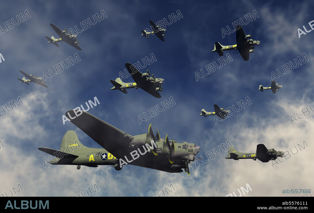 A formation of B-17 Flying Fortress bombers.