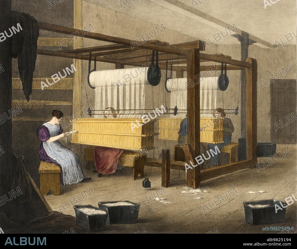Textile industry, The processing of cotton around 1840, Ginning or drawing in, Historical, digitally restored reproduction from a 19th century original