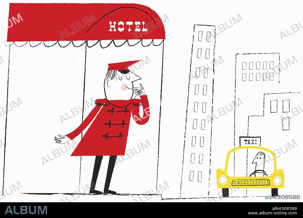 Hotel doorman blowing whistle to hail taxi cab.
