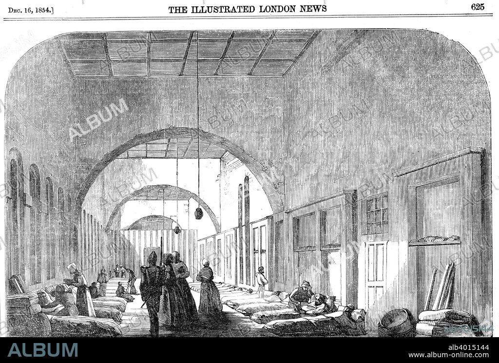The barrack hospital at Scutari during the Crimean War, 1854. In 1854, during the Crimean War (1853-1856), Sidney Herbert, Secretary of State for War, appointed the English nurse Florence Nightingale (1820-1910), a family friend, to introduce female nurses into the British military hospitals in the Crimea. Until the end of the war she worked tirelessly to improve conditions. From The Illustrated London News. (London, 1854).