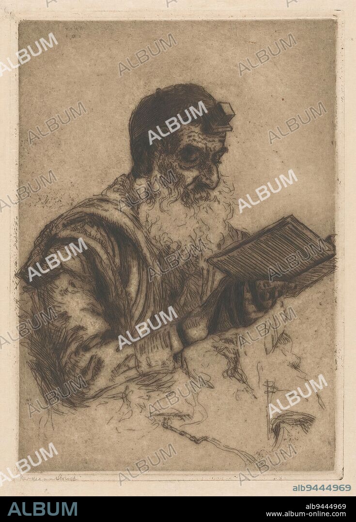 Praying Jewish man, Portrait of a praying Jewish man holding a prayer book in his right hand. He wears prayer belts, the tefilin, and a prayer rug, the tallit., print maker: Hermann Struck, (signed by artist), New York (city), 1913, paper, etching, drypoint, height 209 mm × width 148 mm.