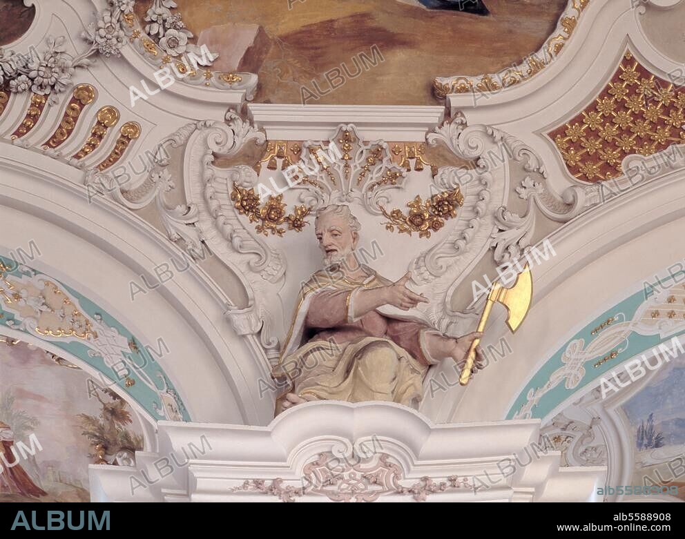 Steinhausen (Südwürttemberg, Baden-Württemberg), Wallfahrtskirche. (erb. 1728-33; Arch. u. Stuck: Dominikus Zimmermann; Malerei u. Stuck: Johann Baptist Zimmermann). Der Apostel Jakobus d. Ä. Stuckplastik. Aus der Reihe der zwölf Pfeilerfiguren des Kuppelraums. Foto (Barbara Opitz).