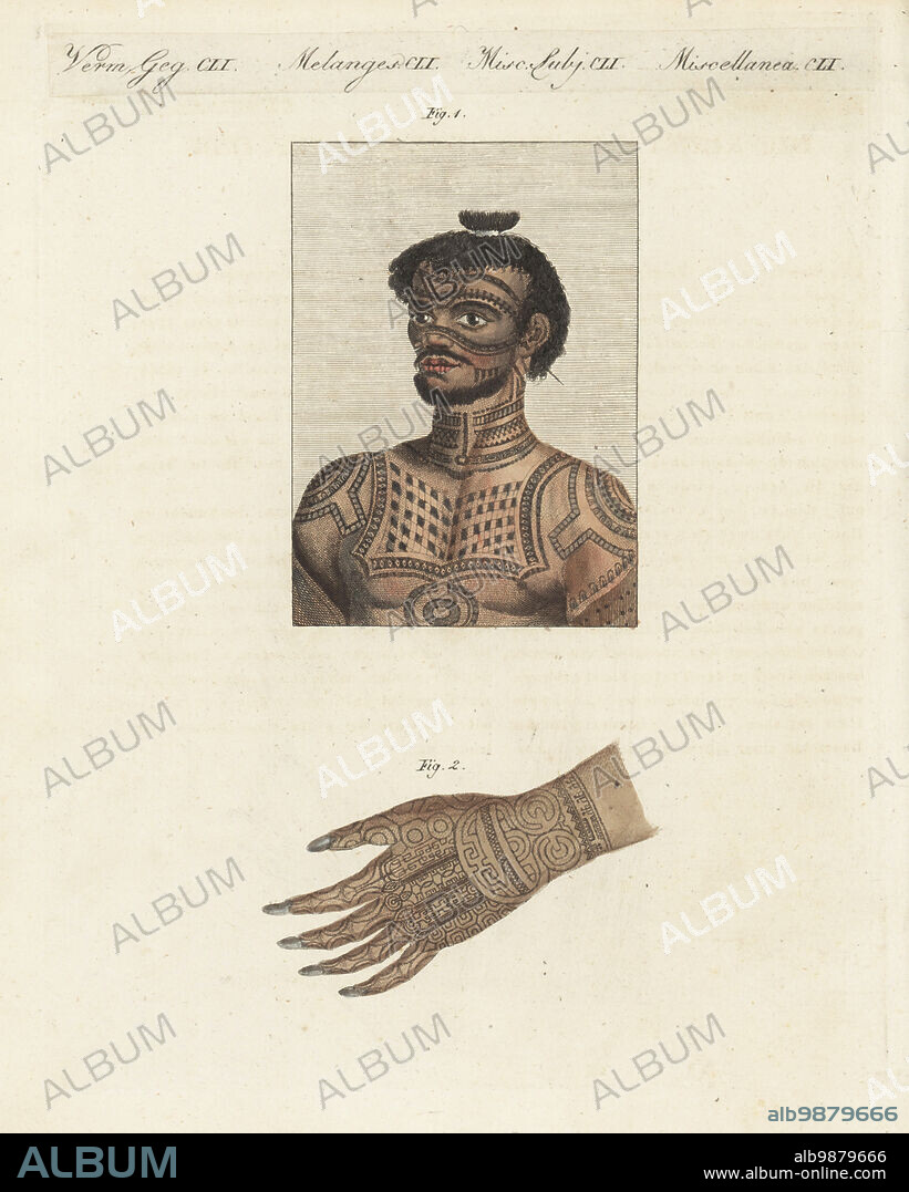 Art of tattooing among the islanders of Nuku Hiva, Marquesas Islands, French Polynesia. Warrior with full body tattoo 1, and tattooed hand of Queen Katanuah of Nukahiwah 2. Copied from Captain Adam Johann von Krusenstern's Voyage Around the World, 1806. Handcoloured copperplate engraving from Carl Bertuch's Bilderbuch fur Kinder (Picture Book for Children), Weimar, 1810. A 12-volume encyclopedia for children illustrated with almost 1,200 engraved plates on natural history, science, costume, mythology, etc., published from 1790-1830.