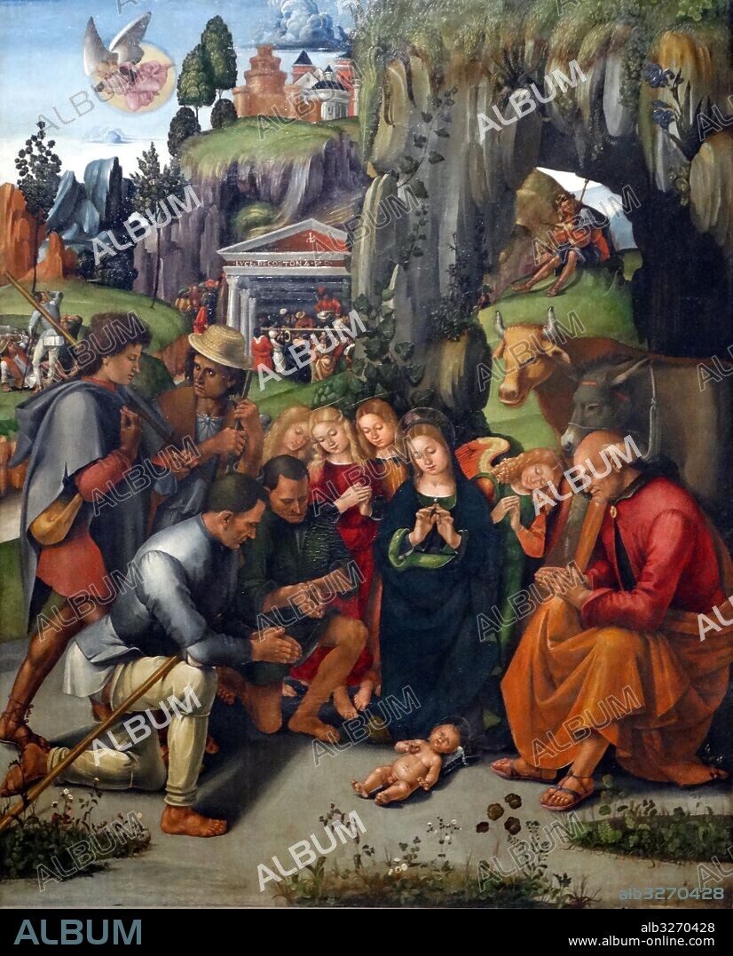 Painting titled 'The Adoration of the Shepherds' by Luca Signorelli (1445-1523) an Italian Renaissance painter. Dated 15th Century.