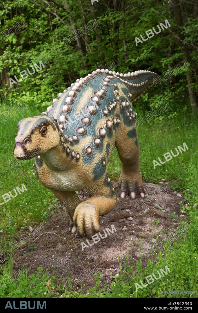 Scelidosaurus, an herbivorous armored dinosaur from the Jurassic Period, in Dinosaurier Park, Germany.