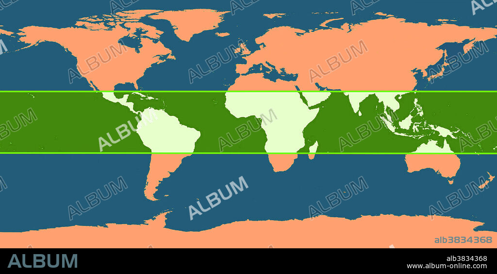 Outline of world map, showing the tropic zone (in green), which is the region between the Tropic of Cancer (at approximately 23 degrees north) and the Tropic of Capricorn (at approximately 23 degrees south). The tropics include all the areas on the earth where the sun reaches a point directly overhead at least once during the solar year.