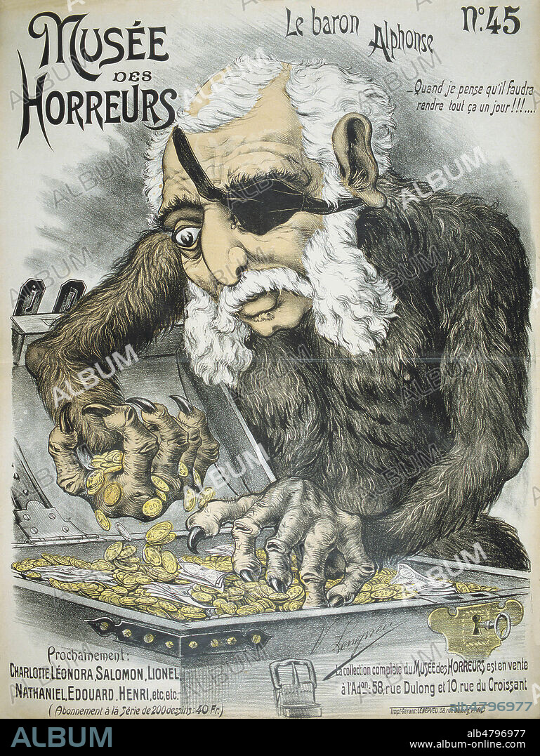 Couverture du journal MUSEE DES HORREURS, serie de feuilles caricaturales exclusivement anti-dreyfusardes ou antisemites (format 49x64) lancee en 1899 (51 numeros jusqu'en 1900, imprime au recto telle une affiche, l'unique dessin couleur est signe V. LENEPVEU, qui est aussi imprimeur et gerant. Credit Collection Kharbine Tapabor.