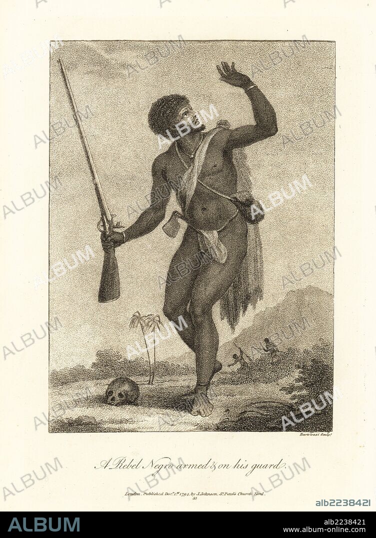 A Rebel Negro armed and on his guard. Naked escaped slave with musket, loincloth, hatchet and cape. Copperplate engraving by Francesco Bartolozzi after an original illustration by Captain John Gabriel Stedman from his "Narrative of a Five Years' Expedition against the Revolted Negroes of Surinam," J. Johnson, London, 1813.