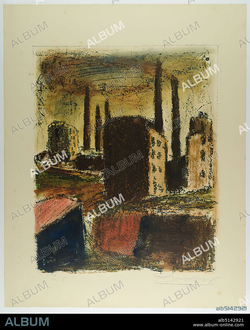 Willy Davidson, Adolf Harms Verlag, Aus dem Mappenwerk Erde und Eisen, Adolf Harms Verlag, Hamburg 1921, paper, opaque watercolor, chalk lithograph, image size: height: 37.8 cm; width: 30.5 cm, signed and numbered: recto: in lead: 2/5, Davidson, on the printing plate: Davidson, portfolio works, free graphic art (prints/printed matter), factory building, chimney, expressionism.