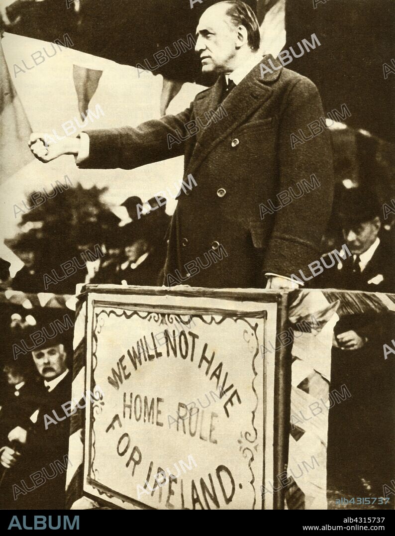 Edward Carson making a speech, 1912, (1935). 'Sir Edward Carson was the powerful leader of the Ulstermen who did not want a separate Government'. Irish-born British politician and jurist, Leader of the Irish Unionists, Carson (1854-1935) opposed Home Rule for Ireland. From "The Silver Jubilee Book - The Story of 25 Eventful Years in Pictures". [Odhams Press Ltd., London, 1935].