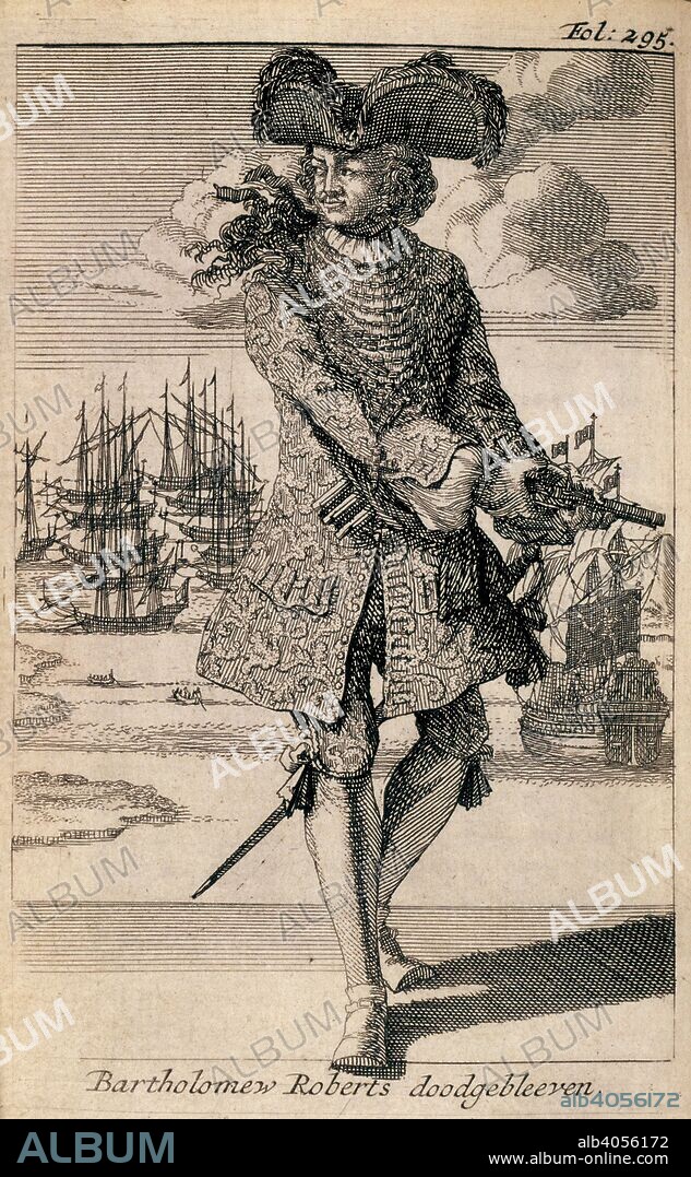 Bartholomew Roberts. [A General History of the Pirates. vol. 1.] Histor. Amsterdam, 1725. Bartholomew Roberts (c.1682-1722). Welsh buccaneer. Portrait.  Image taken from [A General History of the Pirates. vol. 1.] Historia der Engelsche Zee-Roovers In het Engelsch beschreeven door C J., en in het Nederduytsch overgezet, door R. Hennebo, etc.  Originally published/produced in Amsterdam, 1725. . Source: 9555.aaa.1, opposite 295. Language: English.
