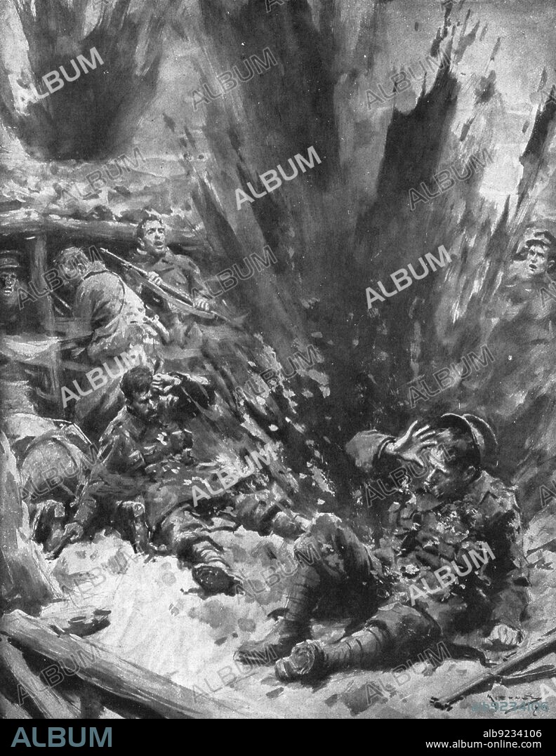 ARTHUR C MICHAEL. ''La Bataille des Flandres; Un projectile a eclate dans la boue sans blesser personne', 1914. From "L'Album de la Guerre 1914-1919: Volume I". [L'Illustration, Paris, 1926].