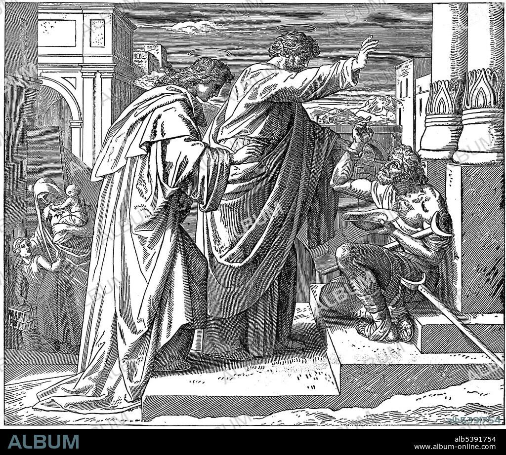 Woodcut, the healing of the lame, Acts of the Apostles, Gospel of Luke, 3, 6, New Testament, Catholic Picture-Bible.