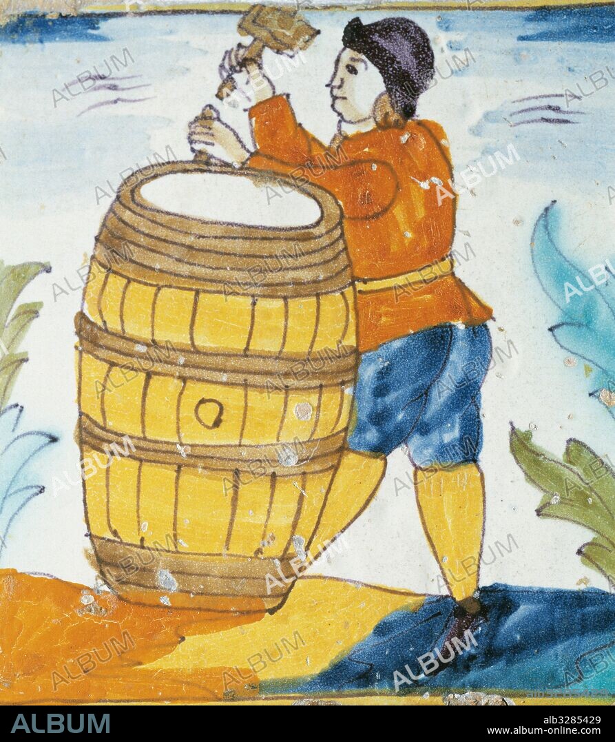 Azulejo catalán policromado del siglo XVIII. Este siglo se puede considerar el "Siglo de Oro" de la loza catalana y barcelonesa. Los llamados oficios y de escenas populares empiezan a reproducirse en el siglo XVII. "EL TONELERO". GREMIO TONELEROS. Museo de Historia de la Ciudad. Barcelona. Cataluña.