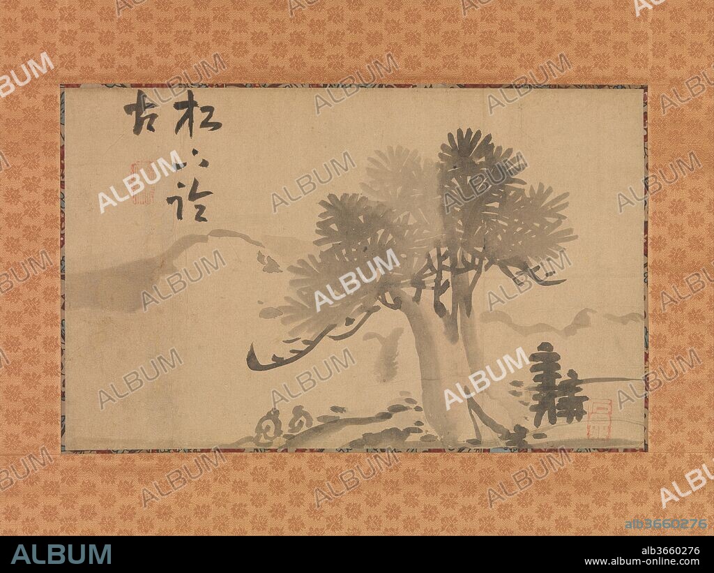 Pine Tree and Calligraphy. Artist: Ike Taiga (Japanese, 1723-1776). Calligrapher: Minagawa Kien (Japanese, 1734-1807). Culture: Japan. Dimensions: Image (a): 9 in. × 14 7/16 in. (22.8 × 36.6 cm)
Overall with mounting (a): 39 3/8 × 19 7/16 in. (100 × 49.4 cm)
Overall with knobs (a): 39 3/8 × 21 7/16 in. (100 × 54.5 cm)
Image (b): 9 5/16 × 14 15/16 in. (23.6 × 38 cm)
Overall with mounting (b): 39 3/8 × 19 1/2 in. (100 × 49.6 cm)
Overall with knobs (b): 39 3/8 × 21 9/16 in. (100 × 54.7 cm). Date: late 18th-early 19th century.
These works are part of a set of nine hanging scrolls and an album that includes four paintings by Ike Taiga along with thirteen colophons and poems. Taiga originally made the four paintings as small sliding-door panels (kobusuma). Some time after Taiga's death, the four panels were removed from their frames and mounted as leaves of an album. 
In the album, also displayed here, the paintings were paired with poems brushed by several well-known calligraphers, including Minagawa Kien (1734-1807), Kameda Bosai (1752-1826), and nine others. In the mid-twentieth century, Taiga's four paintings and five of the colophons were removed from the album and remounted as hanging scrolls. Mrs. Burke later acquired all nine scrolls and the album from multiple sources over the course of several years.