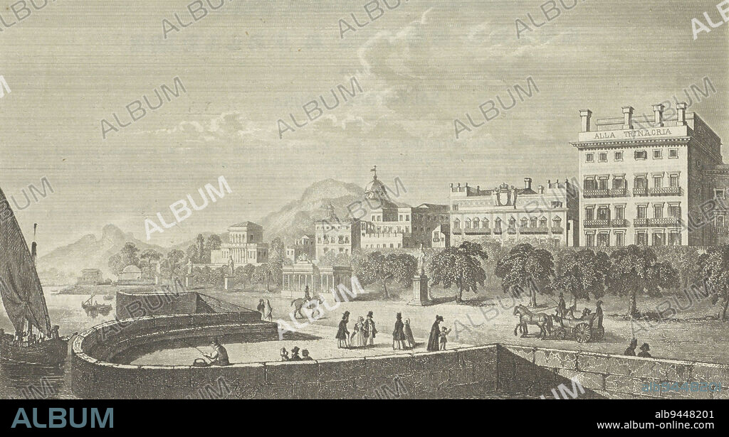 View of the Grand Hotel Trinacria on the coast in Palermo Text on verso, Grand Hotel Trinacria in Palermo Grande Albergo alla Trinacria , print maker: G. di Giovanni, (mentioned on object), intermediary draughtsman: A. Morselli, (mentioned on object), Italy, 1800 - 1899, paper, etching, letterpress printing, h 137 mm × w 185 mm.