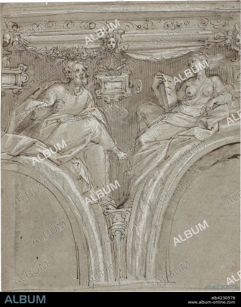 Giovanni de Vecchi (Attributed to) / 'Prophet and Sibyl'. Second half of the XVI century. Wash, White lead, Pencil, Pencil ground, Grey-brown ink on grey paper.