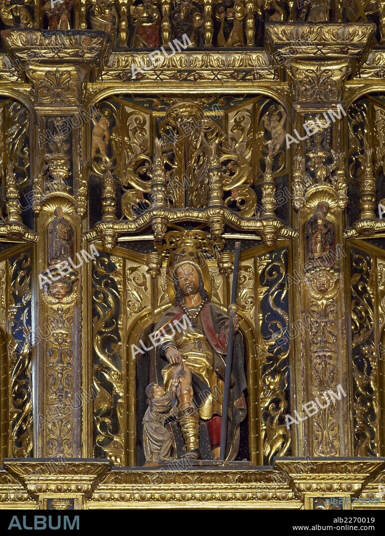 Saint Roch (1348-1376 or 1379). Image of the saint. Altarpiece of the Church of Santiago, by the Flemish sculptor Cornelius de Hollande in 1525. Betanzos, A Coru–a province, Galicia, Spain.