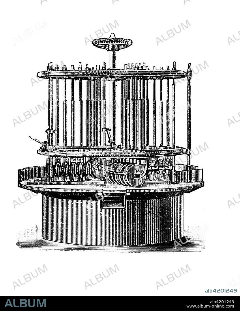 machines for processing tobacco 1890: Rundmessermaschine, digital improved reproduction of an original print from the 19th century.