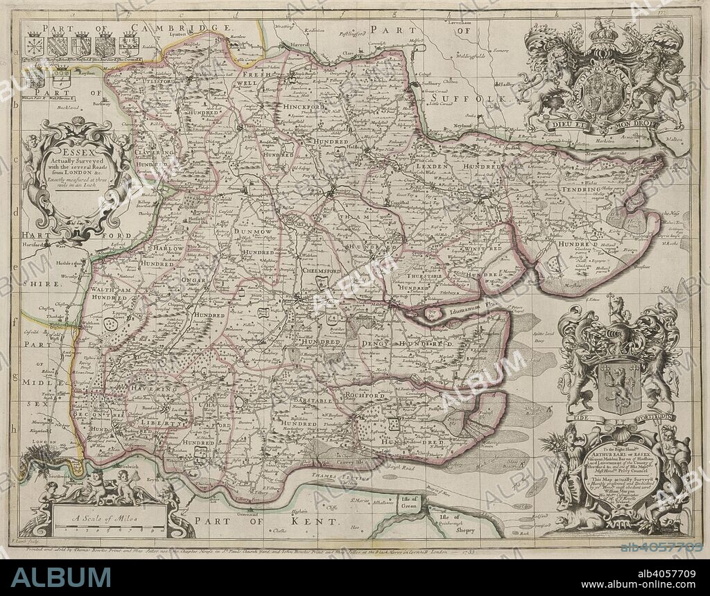 A map of Essex. Essex, actually surveyed, with the several Roads from London, &c. ... by John Ogilby and Wilm Morgan, His Majtles Cosmographers. To the Right Honoble Arthur Earl of Essex ... this Map actually survey'd is ... dedicated by ... William Morgan, etc. London : Printed and sold by Thomas Bowles and John Bowles, 1733. Source: Maps K.Top.13.4. Language: English.