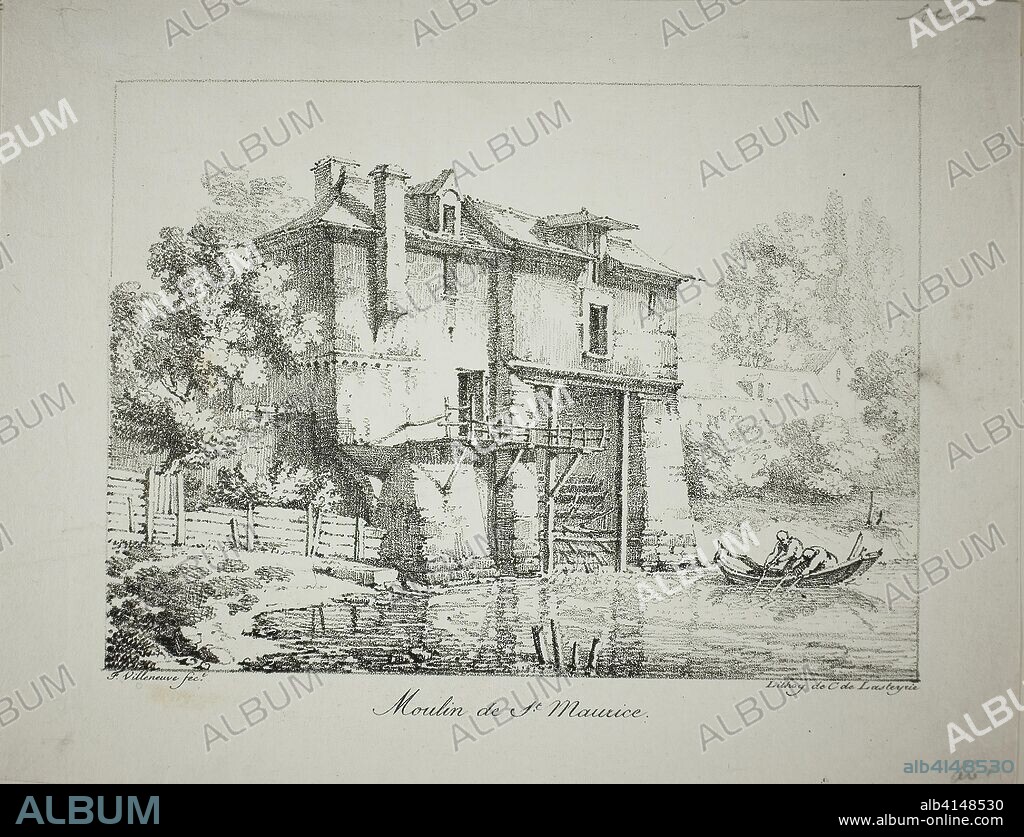 Mill at St. Maurice. Louis Jules Frederic Villeneuve (French, 1796-1842); printed by Comte de Charles Philibert Lasteyrie du Saillant (French, 1759-1849). Date: 1824-1827. Dimensions: 136 × 186 mm (image); 182 × 234 mm (sheet). Lithograph in black on ivory laid paper. Origin: France.