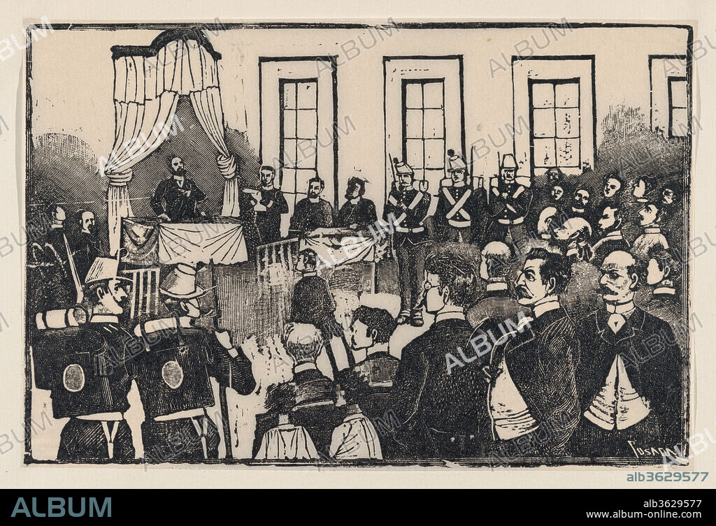 JOSE GUADALUPE POSADA. The trial of the killers of Tomas Hernandez Aguirre, from a broadside entitled 'El jurado de los asesinos del Sr. Tomás Hernábdez Aguirre. Defensa de los reos. La sentencia. Actitud de los criminales'. Artist: José Guadalupe Posada (Mexican, 1851-1913). Dimensions: Sheet: 6 × 9 in. (15.2 × 22.8 cm). Date: ca. 1890-1891.
