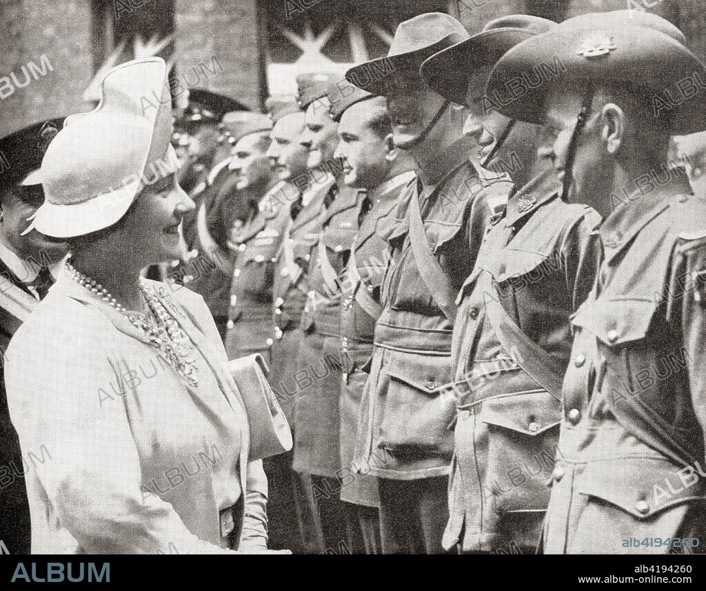 Queen Elizabeth greeting Australian troops in Britain in 1940, during World War Two.  Queen Elizabeth, The Queen Mother.  Elizabeth Angela Marguerite Bowes-Lyon, 1900 - 2002.  Wife of King George VI and mother of Queen Elizabeth II.