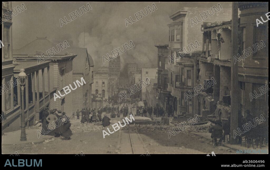 After the Earthquake, San Francisco. Artist: Arnold Genthe (American (born Germany), Berlin 1869-1942 New Milford, Connecticut). Dimensions: 13.3 x 23.5 cm (5 1/4 x 9 1/4 in.). Date: 1906.
Early on the morning of April 18, 1906, a severe earthquake rocked San Francisco, immediately prompting a devastating three-day fire. Genthe, a pictorialist photographer who operated a portrait studio on Sutton Street, captured the panic and confusion that pervaded the city and presaged the vast damage yet to come: by the end of the third day, more than four square miles of San Francisco had been leveled. Adding to the trauma of earthquake and fire were the controlled explosions of dynamite meant to eliminate structurally compromised buildings.
H. Wild, a resident of downtown, described a scene similar to Genthe's photograph in her notebook: "The fire spread more and more. The sight from our roof was a grand and terrible one. . . . The fires had spread from Franklin downward to Market on our street and the whole city in every direction below us was ablaze and crackled [with] explosions of dynamite.".
