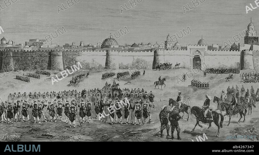 Conquista de Túnez por Francia en abril de 1881, con la constitución del Protectorado Francés. Posteriormente se vivieron revueltas en las regiones de Kairuán y Sfax contra la anexión. Sucesos de Túnez. Vista de Keruan, la"Ciudad Santa"de los berberiscos, ocupada por las tropas francesas, el 26 de octubre. Grabado por Bernardo Rico (1825-1894). La Ilustración Española y Americana,22 de noviembre de 1881.