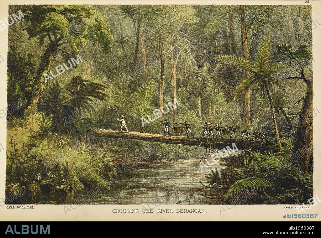 CARL BOCK. Crossing the river Benangan. An explorer, the author, with native porters, Dyaks, crossing a river by means of a tree trunk. The head-hunters of Borneo : a narrative of travel up the Mahakkam and down the Barito : also journeyings in Sumatra. London : Sampson Low, Marston, Searle & Rivington, 1881. Source: V10009, plate 29, opposite page 154. Language: English.