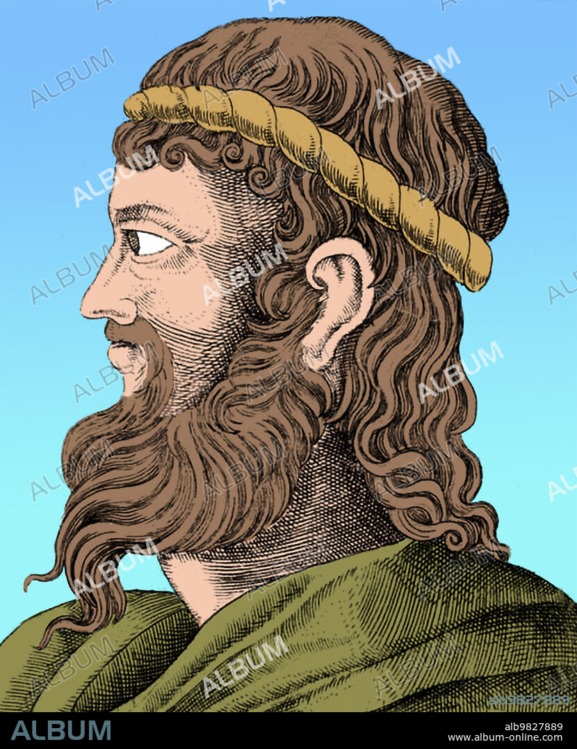 Anaximenes of Miletus (c.586 - c.526 BC) was an Ancient Greek, Pre-Socratic philosopher, active in the 6th century BC. From Illustrium philosophorum by Girolamo Olgiati, cira 1580. Colorized.