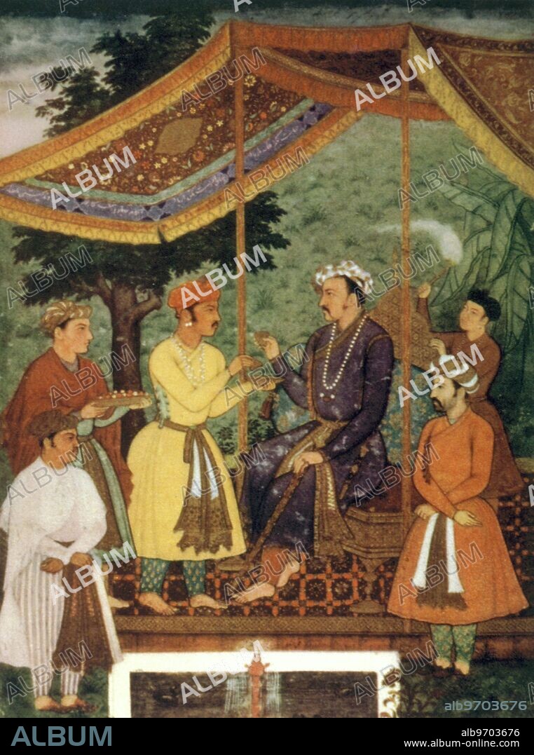 Jahangir drinking wine under a canopy -. Nuruddin Salim Jahangir (Persian - 31 August 1569 - 28 October 1627) was the ruler of the Mughal Empire from 1605 until his death. The name Jahangir is from Persian, meaning "Conqueror of the World" "World-Conqueror" or "Dominant over the World" - Alternative spellings of the name include Jehangir, and Cihangir (in Turkish). Nuruddin or Nur al-Din is an Arabic name which means "the Light of the Faith". ©TopFoto.