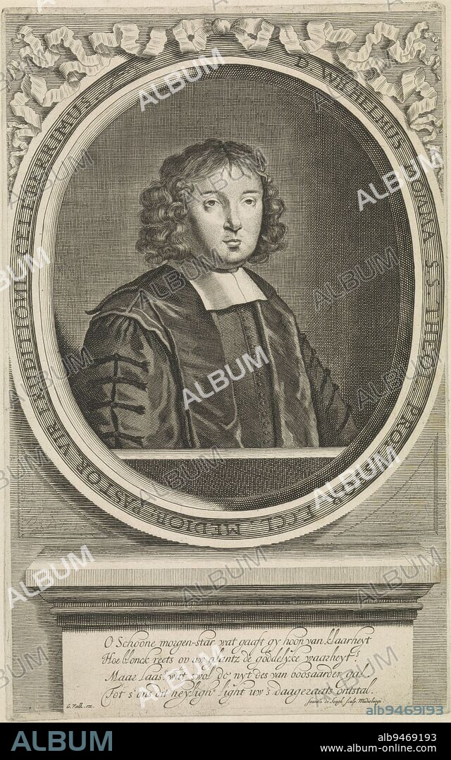 Bust portrait of the theologian Wilhelmus Momma The portrait is framed in an oval frame with square border work, bows, and a border inscription in Latin On the pied piper is a four-line poem in Dutch, Portrait of Wilhelmus Momma, print maker: Joannes de Jongh, (mentioned on object), publisher: Gerard Valck, (mentioned on object), Middelburg, 1677 - 1684, paper, etching, engraving, h 281 mm × w 176 mm.