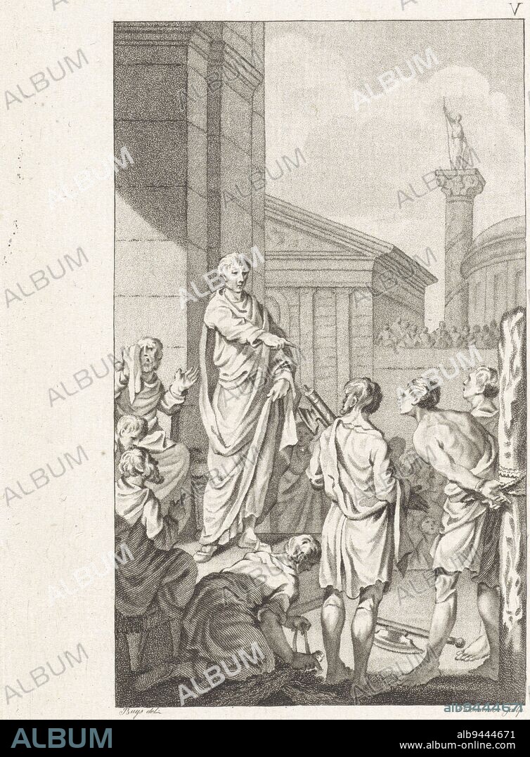 Titus and Tiberius, the sons of the Roman consul Lucius Junius Brutus, were involved in a conspiracy to restore the monarchy to power. But their plans were foiled and they were imprisoned. They are sentenced to death by their father, Lucius Junius Brutus pronounces the sentence against his sons, print maker: Ludwig Gottlieb Portman, (mentioned on object), intermediary draughtsman: Jacobus Buys, (mentioned on object), Utrecht, 1793, paper, etching, h 209 mm × w 127 mm.