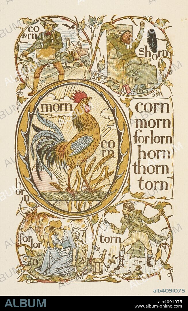 Rhyming words ending in the letter N. To illustrate the use of the letter O. The Golden primer. The Golden Primer. [In verse. With illustrations by Walter Crane.]. 2 pt. Blackwood & Sons: London, 1884. Source: 12805.w.33, part 2, page 26.