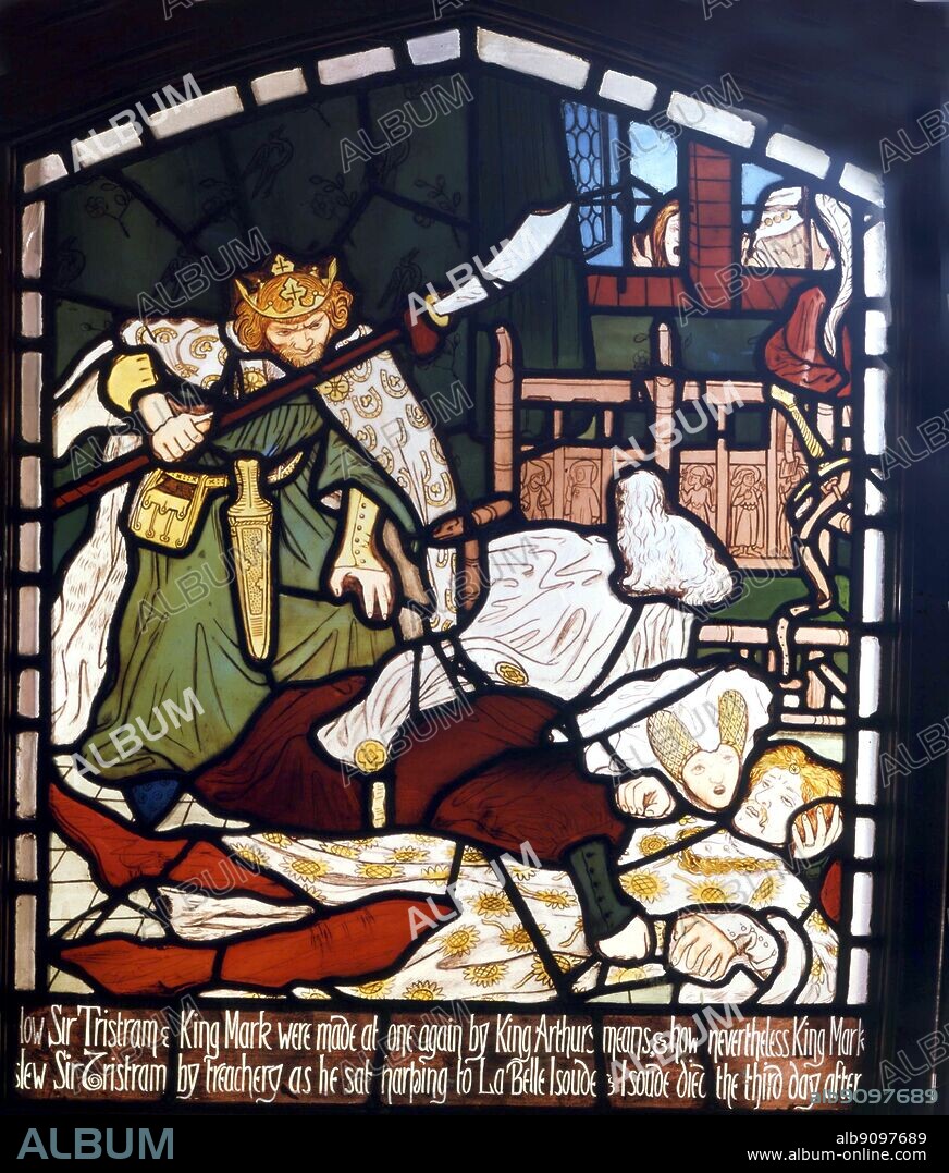 King Arthur. Death of Sir Tristram. Tristan & Isolde - 1862. Stained glass window from Harden Grange, nr. Bingley, Yorkshire.. William Morris (March 24, 1834 - October 3, 1896) was one of the principal founders of the British Arts and Crafts movement and is best known as a designer of wallpaper and patterned fabrics, a writer of poetry and fiction, and a pioneer of the socialist movement in Britain near London. Location © Bradford Art Galleries and Museums, West Yorkshire, UK . ©2006 TopFoto.