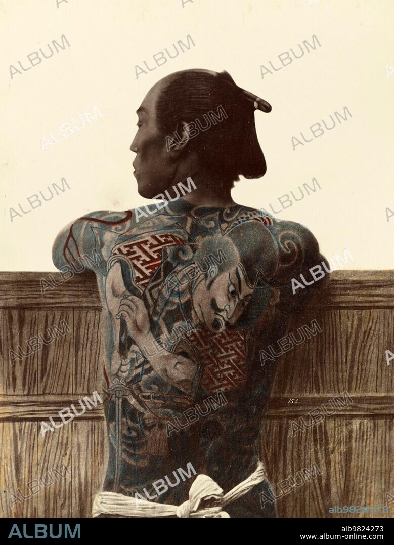 Japanese man with a tattoo on his back; Tattoo; c. 1880; Japan; Historical; digitally restored reproduction from an original of the period; Asia.