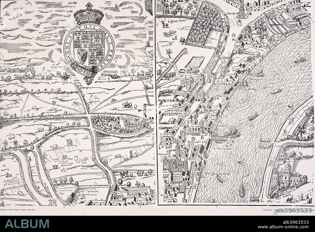 'Agas' map of London, sheet 4; showing the Palace of Westminster, St James's Park, Charing Cross, River Thames and Lambeth.