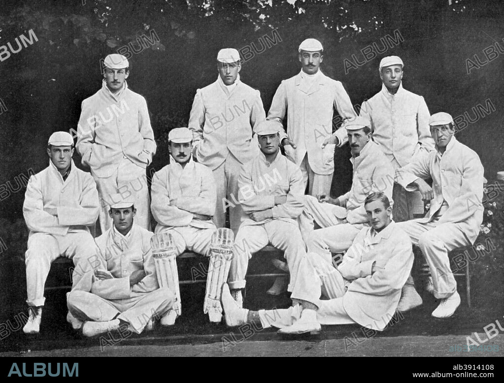 Cambridge University cricket XI, c1899. Gilbert Jessop, the captain of the side, is front centre. A print from The Book of Cricket, a Gallery of Famous Players, edited by CB Fry, George Newnes Ltd, London, c1899.