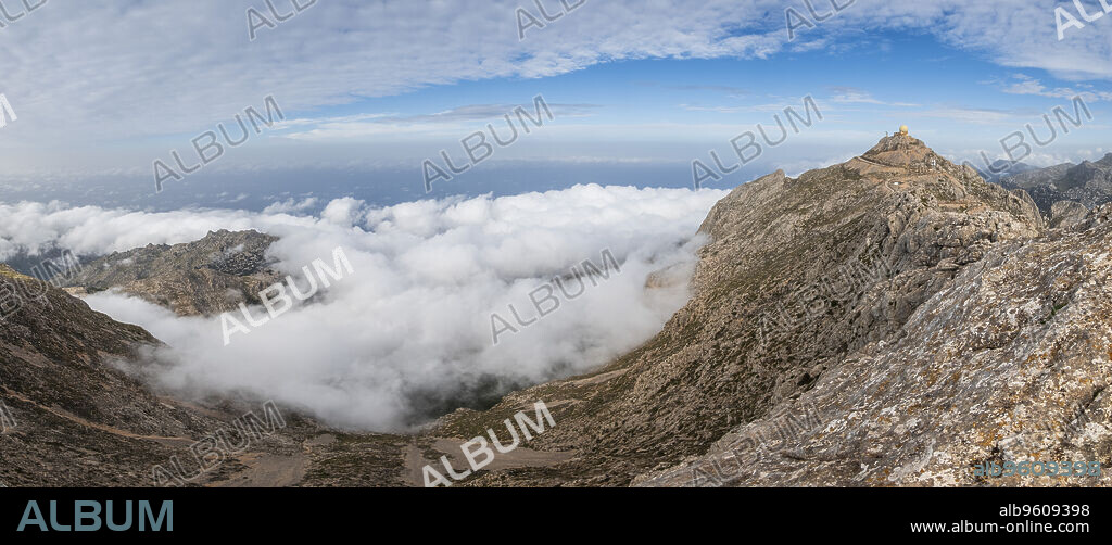 top of Puig Major with the radar installations surrounded by mist, Serra de Tramuntana, Majorca, Balearic Islands, Spain.
