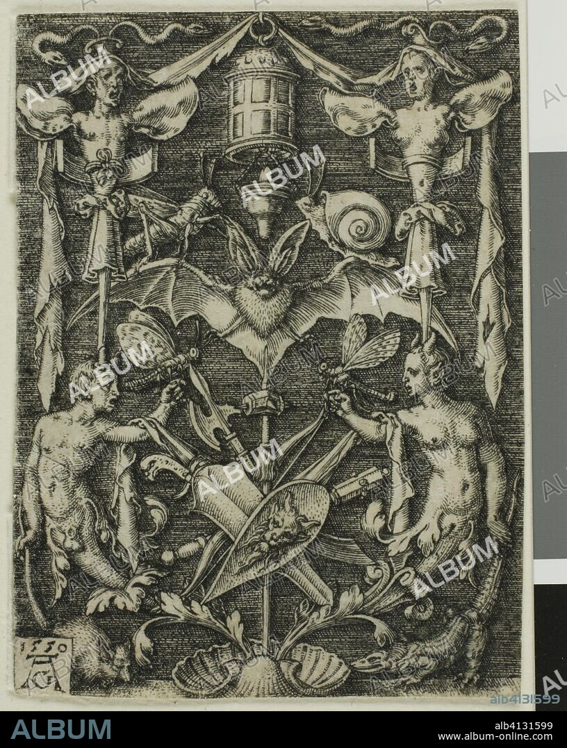 Ornamental Design with a Bat in the Centre. Heinrich Aldegrever; German, 1502-c.1560. Date: 1550. Dimensions: 67 x 50 mm (image/plate/sheet). Engraving in black on ivory laid paper. Origin: Germany.