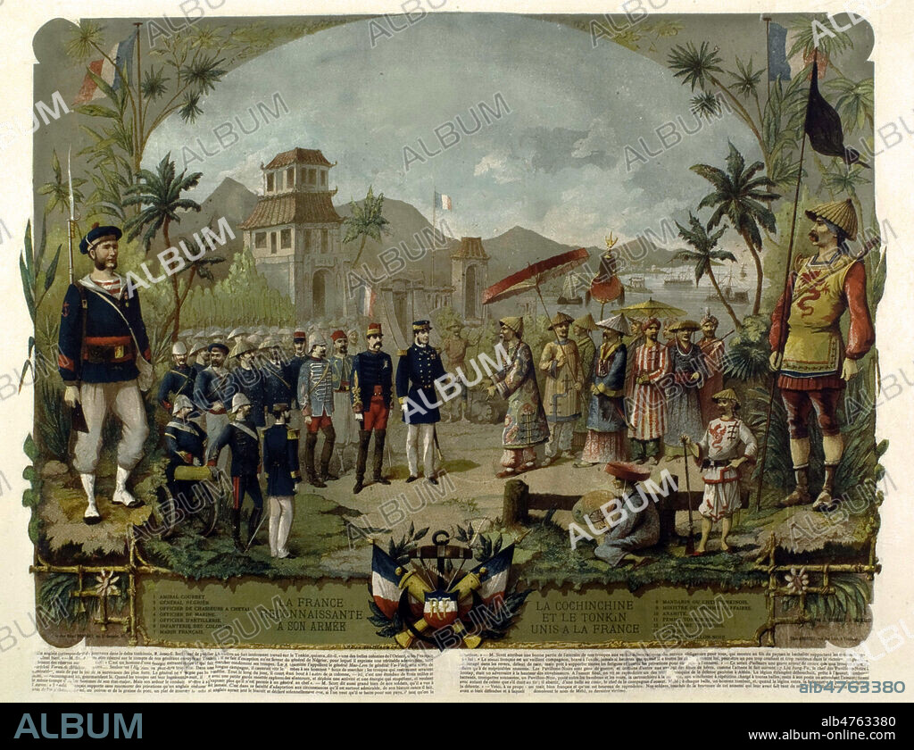 La France reconnaissante a son armee. La Cochinchine et le Tonkin unis a la France. Illustration anonyme pour une affiche de 1885. Credit : Coll. Jonas/KHARBINE-TAPABOR.