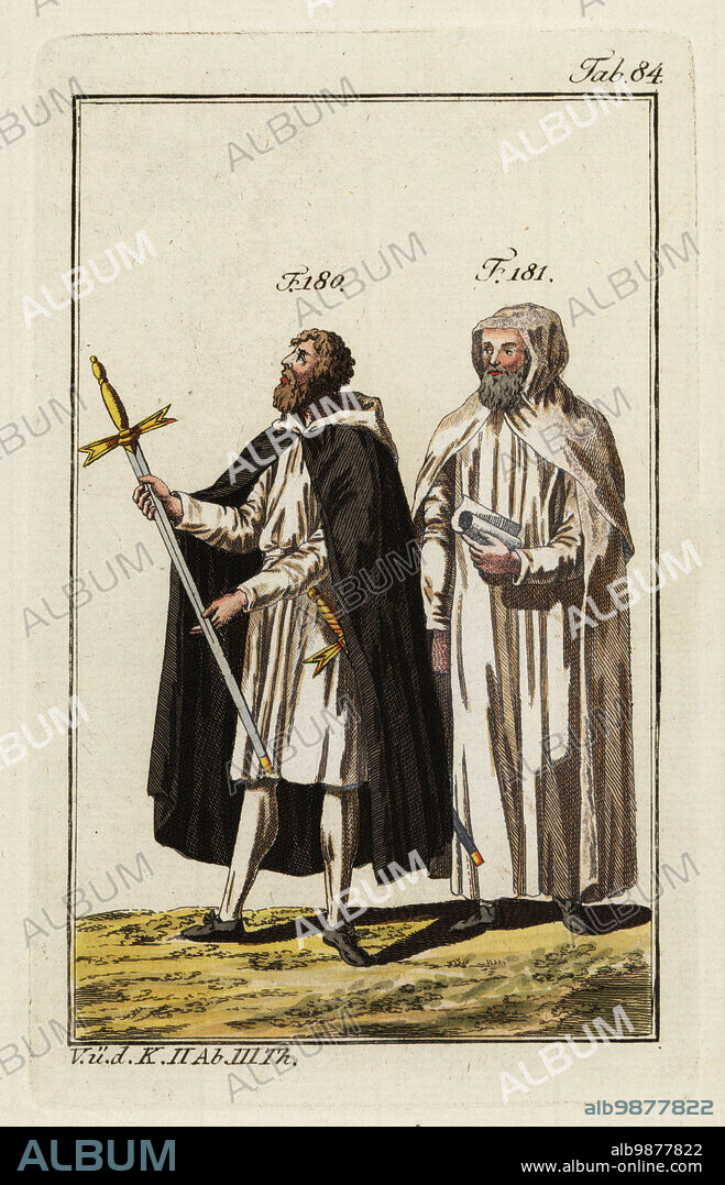 Two Knights Templar: a squire or servant brother in black cape holding a sword (180) and a treasurer in white hooded cape (181). The Order of the Knights Templar was a military order founded in 1118 by Hugues de Payens, a knight of Champagne. Copied from an illustration by Jacques Charles Bar in Costumes des ordres religieux et militaires, 1778 Handcolored copperplate engraving from Robert von Spalart's Historical Picture of the Costumes of the Principal People of Antiquity and Middle Ages, Vienna, 1802..