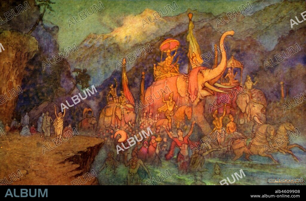 WARWICK GOBLE. 'The Return of the Heroes Slain in Battle', 1913. Spirit of the warriors slain in the Kurukshetra War including Bhishma and Drona return to the Ganges in joyous procession. From "Indian Myth and Legend", by Donald A. Mackenzie. [The Gresham Publishing Company Limited, London, 1913].