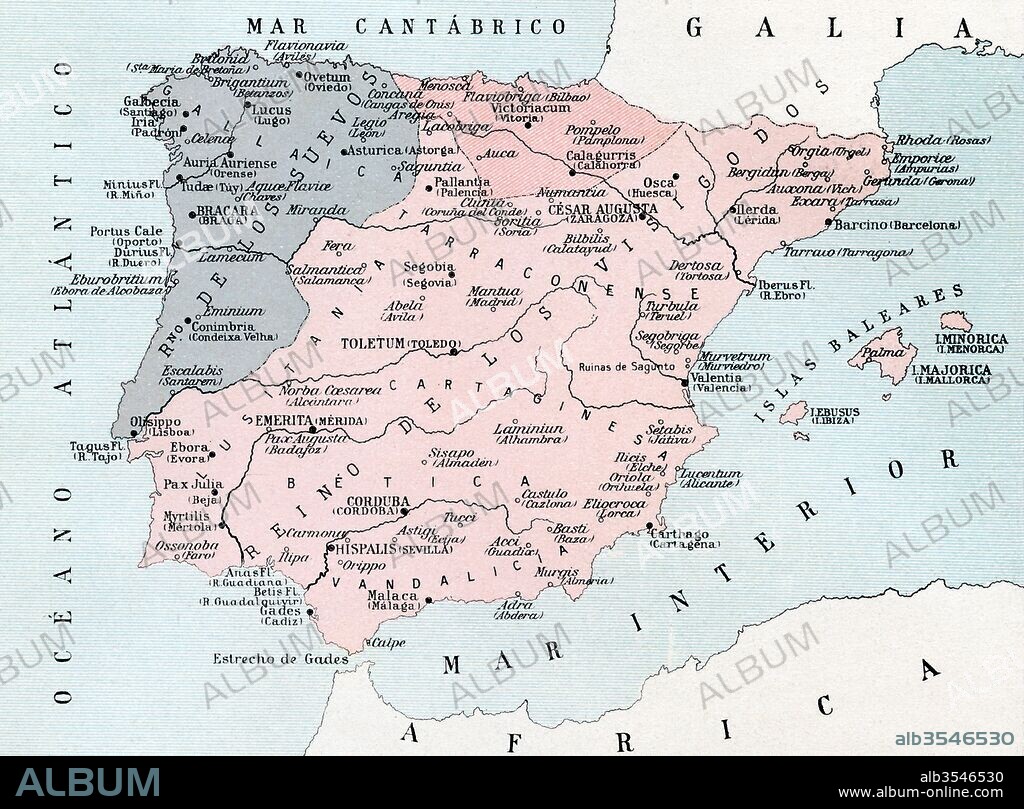 A map of Spain after the invasion of the Visigoths in the 5th century. From Enciclopedia Ilustrada Segui, published c. 1900.
