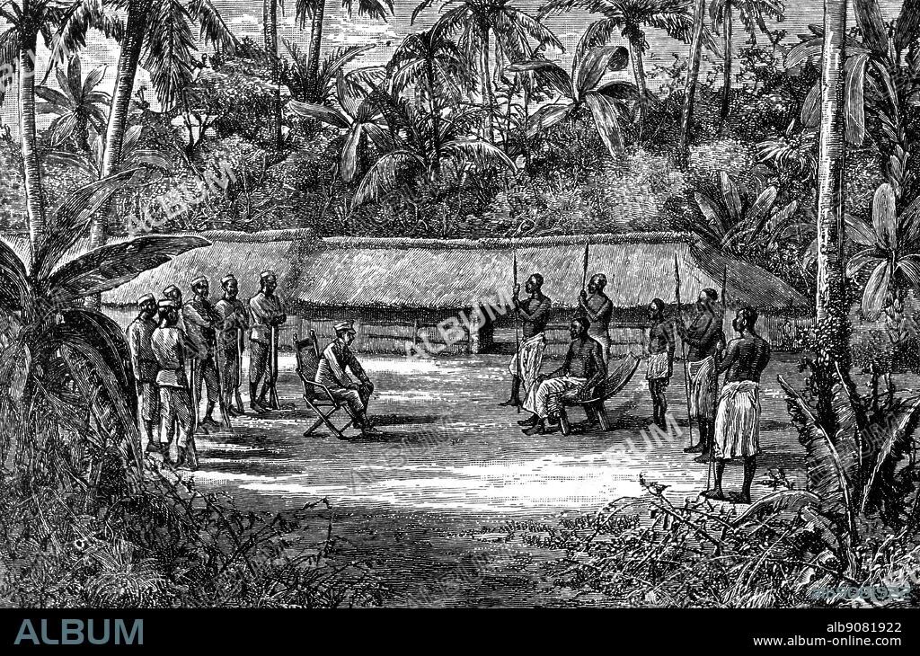 Sir Henry Morton Stanley negotiating with Congo chiefs. Sir Henry Morton Stanley (also known as Bula Matari "Breaker of Rocks" in Congo), was born John Rowlands (1841-1904). A 19th-century, Welsh-born, American journalist and explorer, he is famous for his exploration of Africa and his search for David Livingstone. The African Adventure - A History of Africa's Explorers by Timothy Severin, page 279.
