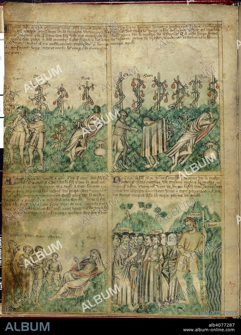 Ham seeing the nakedness of the drunken Noah; Shem covers Noah; Noah curses Canaan; the ancestry of Nimrod . Egerton Genesis Picture Book. England, S.E. or N. (Norwich or Durham?); 3rd quarter of the 14th century. Source: Egerton 1894, f.4v. Language: French.